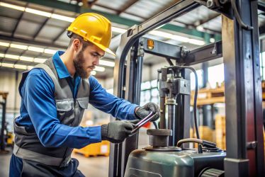 Technician Maintaining Forklift, Checking Oil Levels and Hydraulics in Warehouse Setting